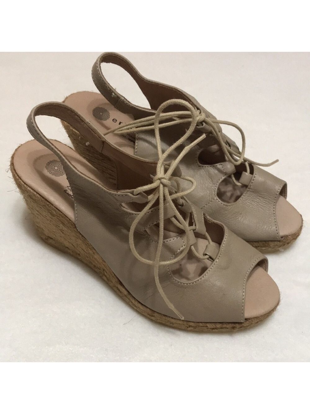 Eric Michael Taupe Leather Gossip Lace Up Jute Wedge Sandal